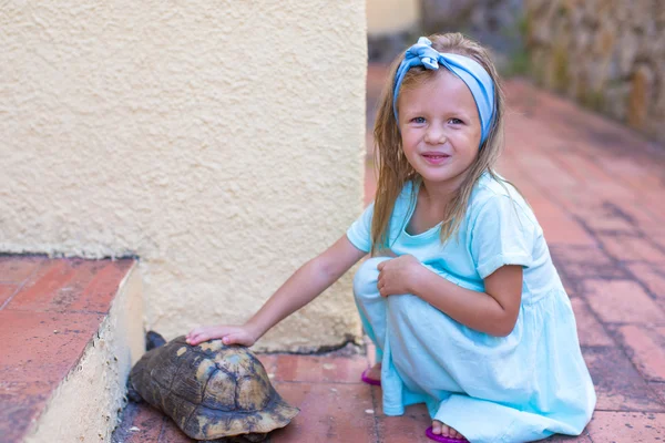 Pequena menina feliz adorável com pequena tartaruga ao ar livre — Fotografia de Stock