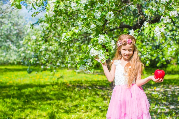 Menina adorável pequena feliz no jardim de árvore de maçã florescente — Fotografia de Stock