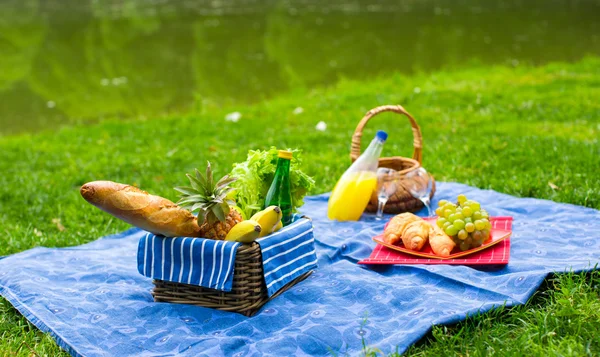 Cesto da picnic con frutta, pane e bottiglia di vino bianco — Foto Stock