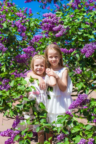 Bambine adorabili al parco degli alberi di fiori — Foto Stock