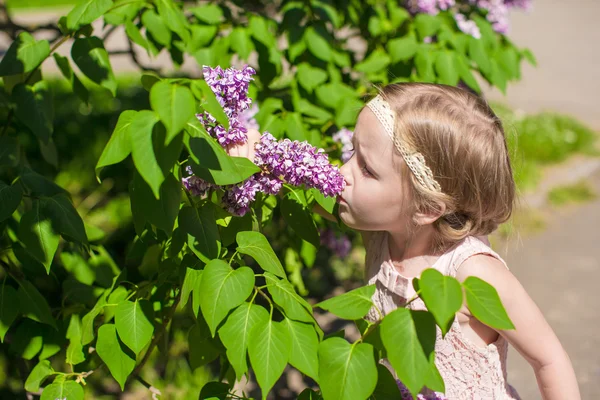 Liten bedårande flicka nära blommorna i trädgården — Stockfoto