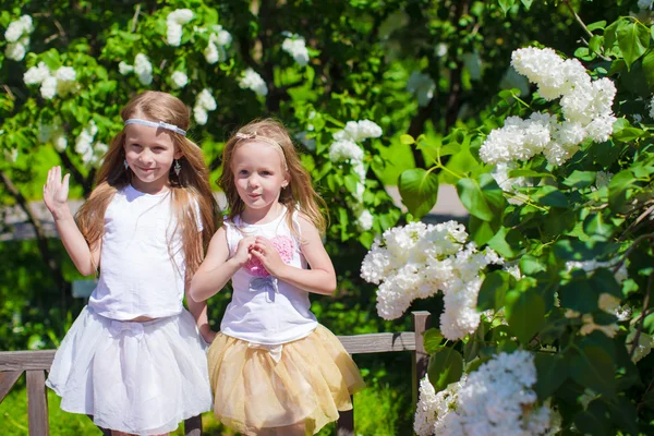 Bambine adorabili al parco degli alberi di fiori — Foto Stock