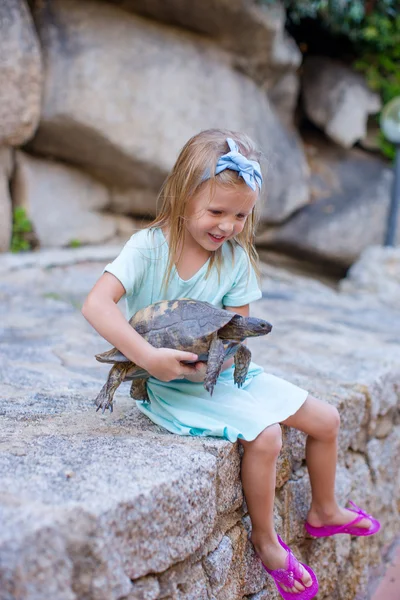 Pequeña adorable chica feliz con tortuga pequeña al aire libre —  Fotos de Stock