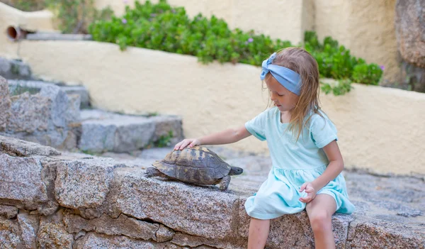 Little adorble happy girl with small turtle outdoors — Stock Photo, Image