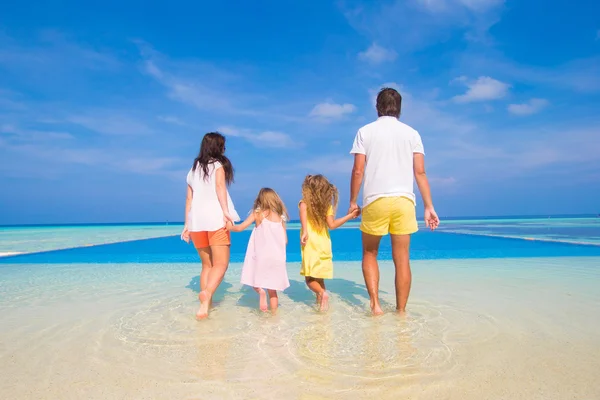 Vista posteriore di bella famiglia su una spiaggia durante le vacanze estive — Foto Stock