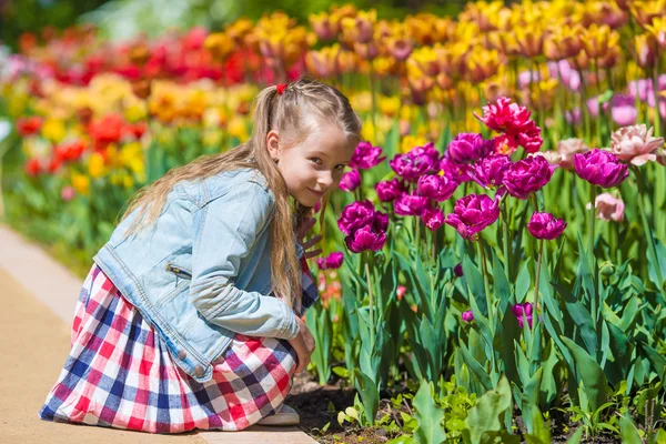 Kleines entzückendes Mädchen, das an Sommertagen bunte Tulpen riecht — Stockfoto