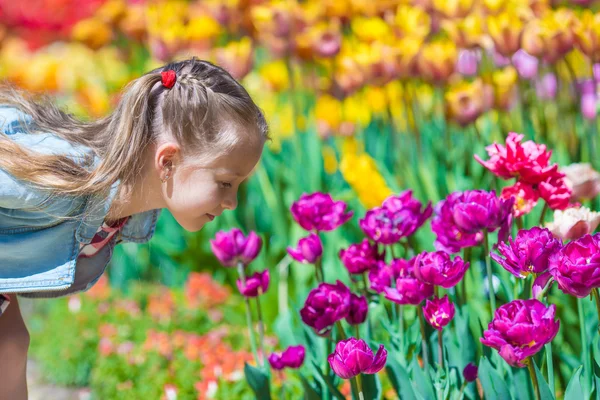 Little adorable girl smelling colorful tulips at summer day — Stock Photo, Image