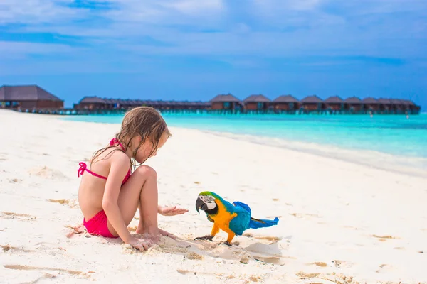 Entzückendes kleines Mädchen am Strand mit großem bunten Papagei — Stockfoto