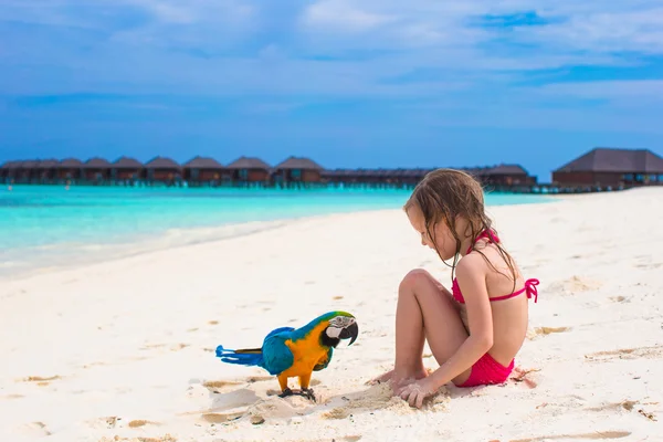 Adorable little girl at beach with big colorful parrot — Stock Photo, Image
