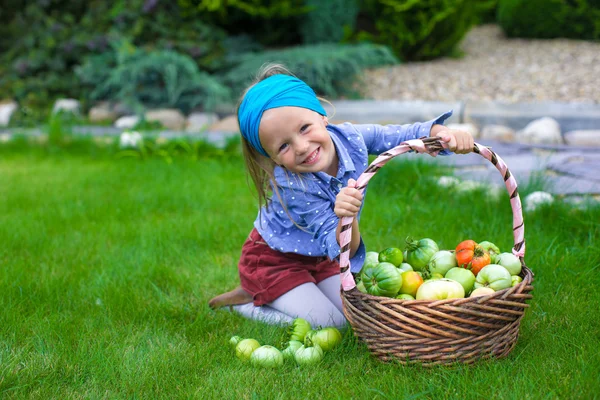 Niña con cestas llenas de tomates —  Fotos de Stock