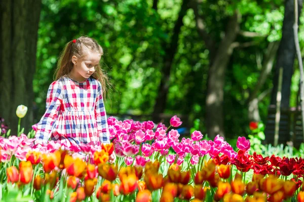 Lilla vackra flicka i tulpaner trädgård i varm vårdag — Stockfoto
