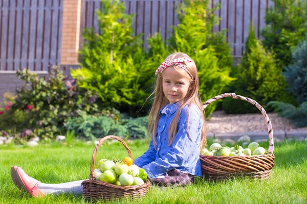 Bambina con cestini pieni di pomodori — Foto Stock