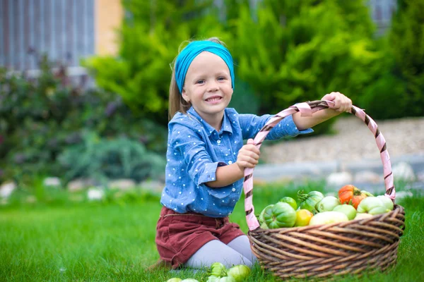 Menina com cestas cheias de tomates — Fotografia de Stock