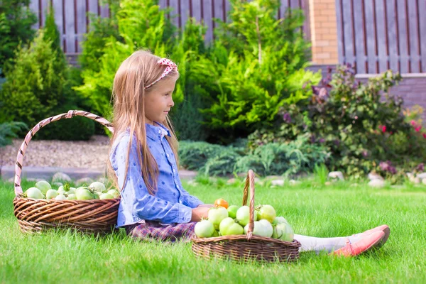 Kleines Mädchen mit Körben voller Tomaten — Stockfoto