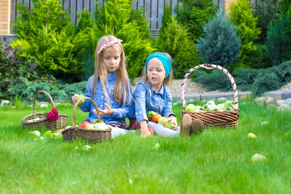 Twee kleine meisjes met manden vol oogst van tomaten — Stockfoto