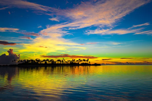 Palmiye ağaçları ve şaşırtıcı bulutlu gökyüzü günbatımı, karanlık siluetleri — Stok fotoğraf