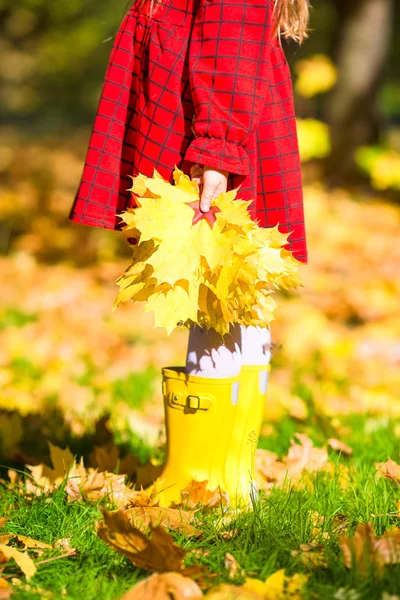Αξιολάτρευτο κοριτσάκι με κίτρινο σφενδάμνου αφήνει σε εξωτερικούς χώρους στο όμορφο πάρκο φθινόπωρο — Φωτογραφία Αρχείου