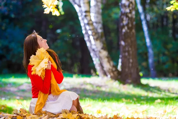 Felice giovane donna con foglie di acero giallo all'aperto nel bellissimo parco autunnale — Foto Stock