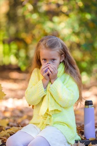 Adorable niña con té caliente en termos en hermoso día de otoño — Foto de Stock