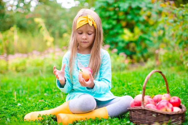 Little girl with basket of red apples in sunny autumn day — Stock Photo, Image