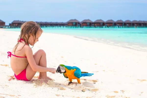 Adorable little girl at beach with big colorful parrot — Stock Photo, Image