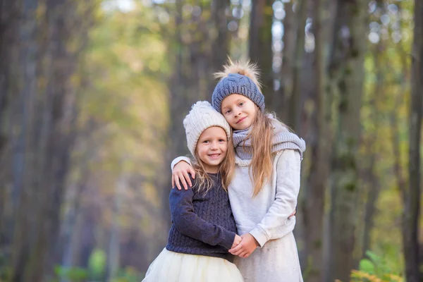 Little adorable sisters at warm sunny autumn day outdoors — Stock Photo, Image