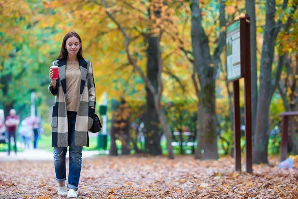 Heureuse belle femme buvant du café dans le parc d'automne sous le feuillage automne — Photo