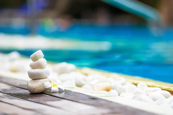 Pedras brancas equilibradas e plumeria branca perto da piscina — Fotografia de Stock