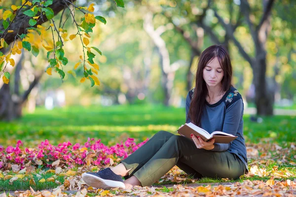 Genç kadın güzel sonbahar gününde kitap okumak