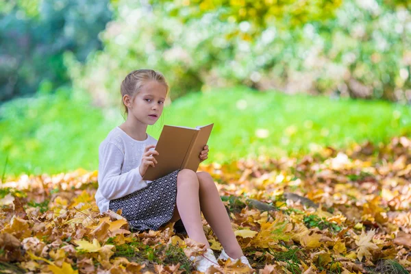 Adorável menina lendo um livro no belo parque de outono — Fotografia de Stock