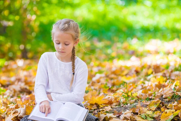 Adorável menina lendo um livro no belo parque de outono — Fotografia de Stock