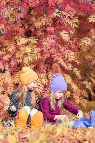 Little adorable girls at warm sunny autumn day outdoors — Stock Photo, Image