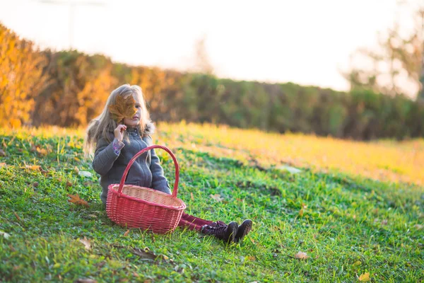 Adorabile bambina con un cesto all'aperto nel bellissimo parco autunnale — Foto Stock