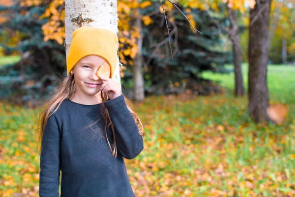 Liten flicka som leker kurragömma nära träd i höst park — Stockfoto