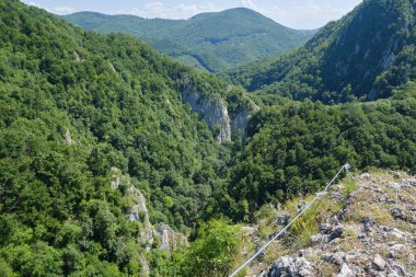 Romanya 'daki Varghis Gorge (Macarca Vargyas szoros) - ferrata rotasının sonunda yukarıdan genel bir bakış. Turizm, Yaz, yürüyüş.