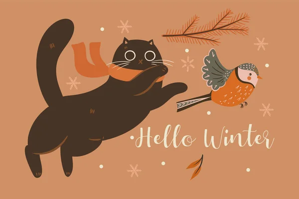 Briefkaart Met Een Winterkat Een Vogel Vectorafbeelding — Stockvector