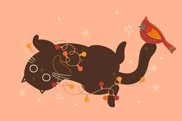 冬の猫と鳥のポストカード ベクトル画像 — ストックベクタ