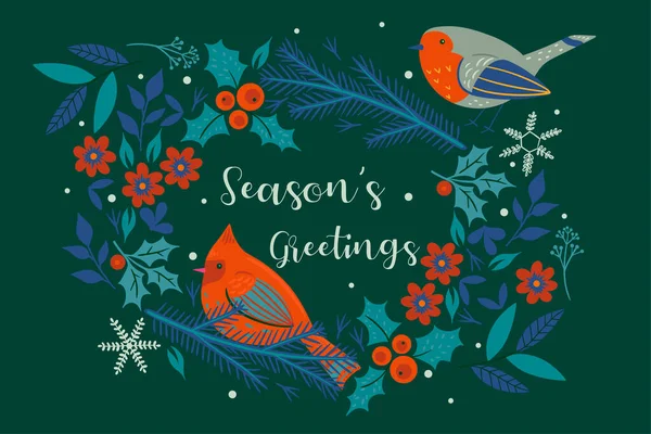 季節の挨拶だ クリスマスの花輪と鳥 ベクトル画像 — ストックベクタ