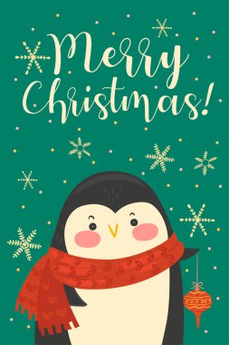 İçinde şirin bir Noel pengueni olan bir kartpostal. Vektör resmi