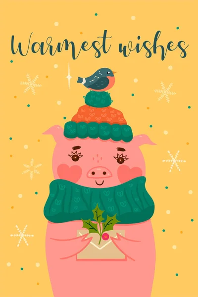Cartão Postal Com Porco Natal Bonito Imagem Vetorial —  Vetores de Stock