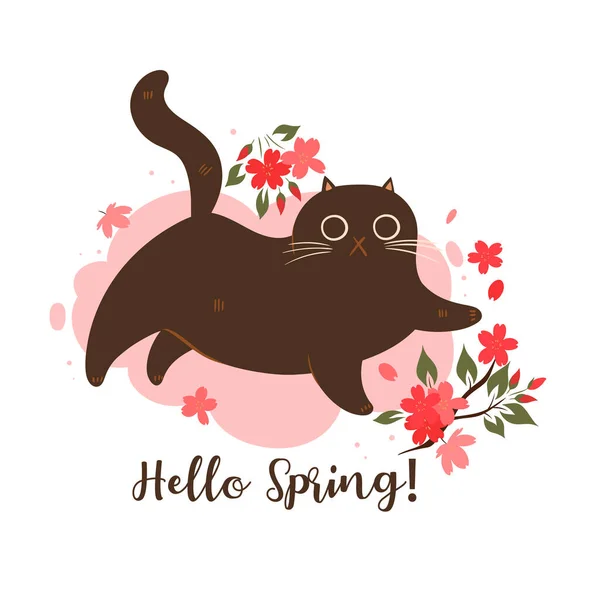 Spring Cat Cherry Blossoms White Background Inscription Hello Spring Vector — Stock Vector