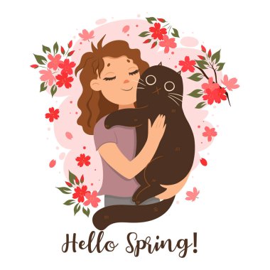 Kucağında kedi tutan bir kız. Bahar havası. Vektör görüntüsü