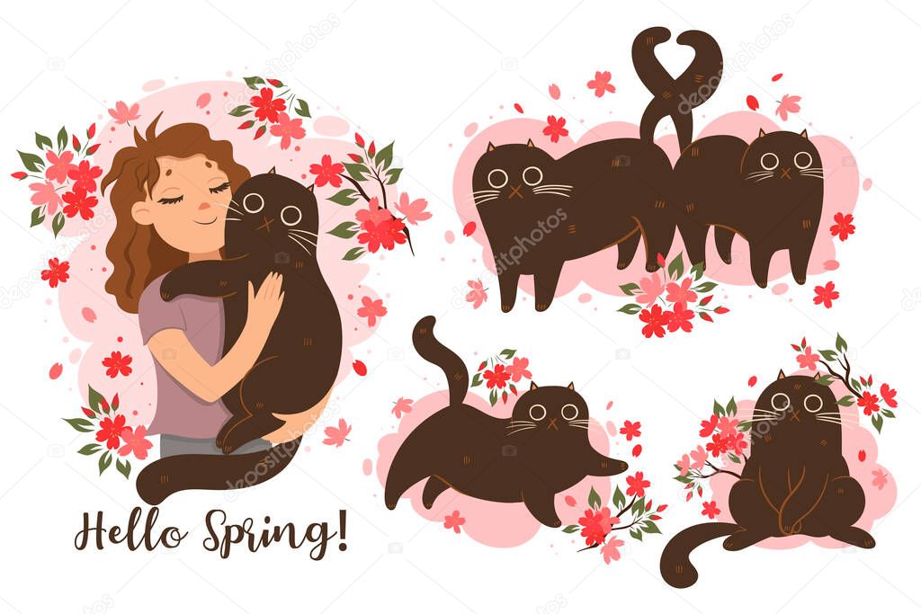 Set of cats in spring mood. Vector image