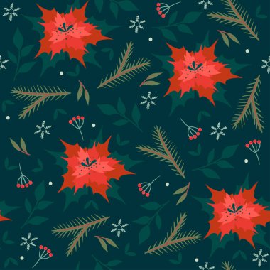 Kış bitkileriyle kusursuz bir Noel deseni. Vektör resmi