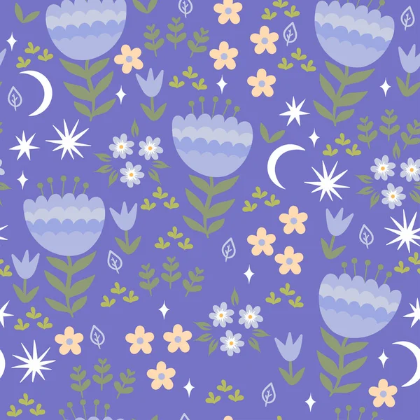 Patrón Sin Costuras Con Flores Primavera Noche Imagen Vectorial — Archivo Imágenes Vectoriales