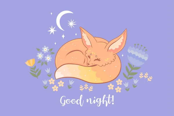 Postkarte Mit Einem Schlafenden Fuchs Aufschrift Gute Nacht Vektorbild — Stockvektor