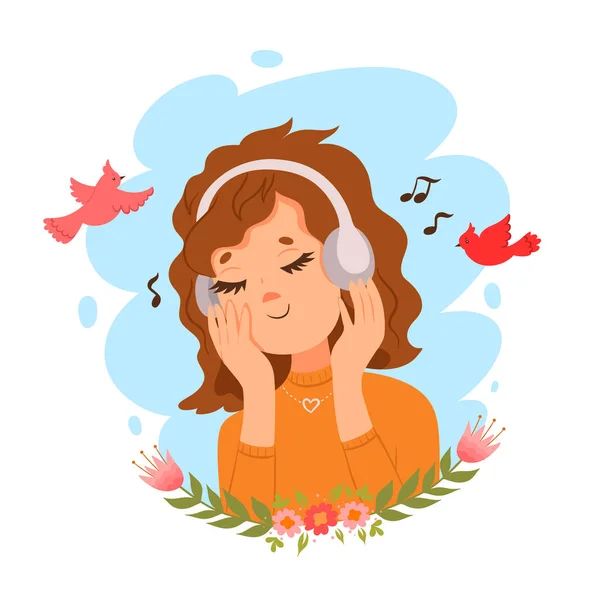 Ilustración Una Linda Chica Auriculares Pajaritos Imagen Vectorial — Archivo Imágenes Vectoriales