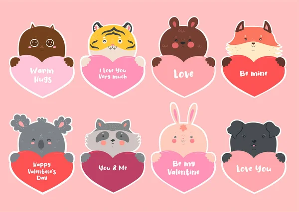 Aufkleberset Zum Valentinstag Mit Tieren Und Herzen Vektorbild — Stockvektor