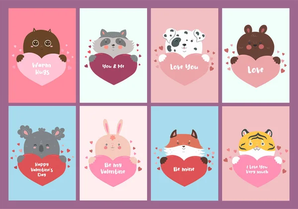 Set Valentinstagskarten Mit Tieren Und Herzen Vektor — Stockvektor