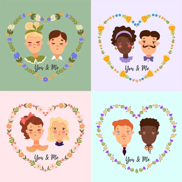 Conjunto Retratos Parejas Lindas Humor San Valentín Imagen Vectorial — Vector de stock